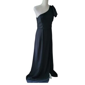 Lulus Simply Brilliant Black One Shoulder Bow Chiffon Maxi Dress Slit in Black S